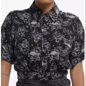 MOTH & DARK FLOWERS GIRLS CROP WOVEN BUTTON UP SHIRT XL